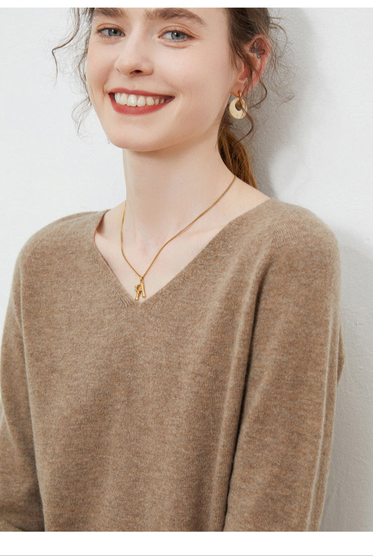 Wool base sweater V-neck knitted loose cashmere sweater slim top autumn and winter