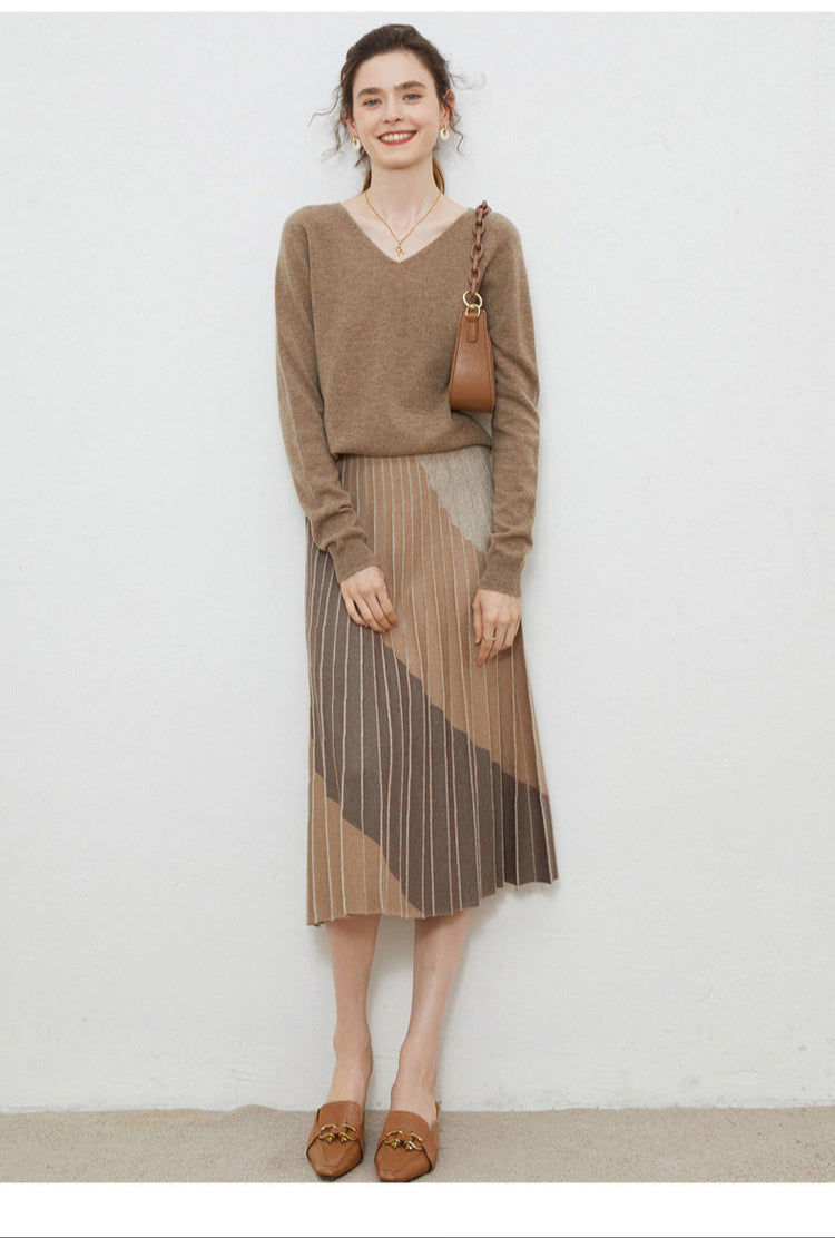 Wool base sweater V-neck knitted loose cashmere sweater slim top autumn and winter