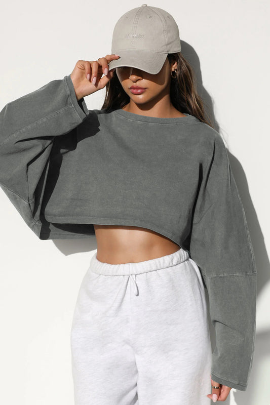 Navel-exposed round-neck sweatshirt European and American women's short sports bottoming shirt T-shirt sweater long-sleeved top