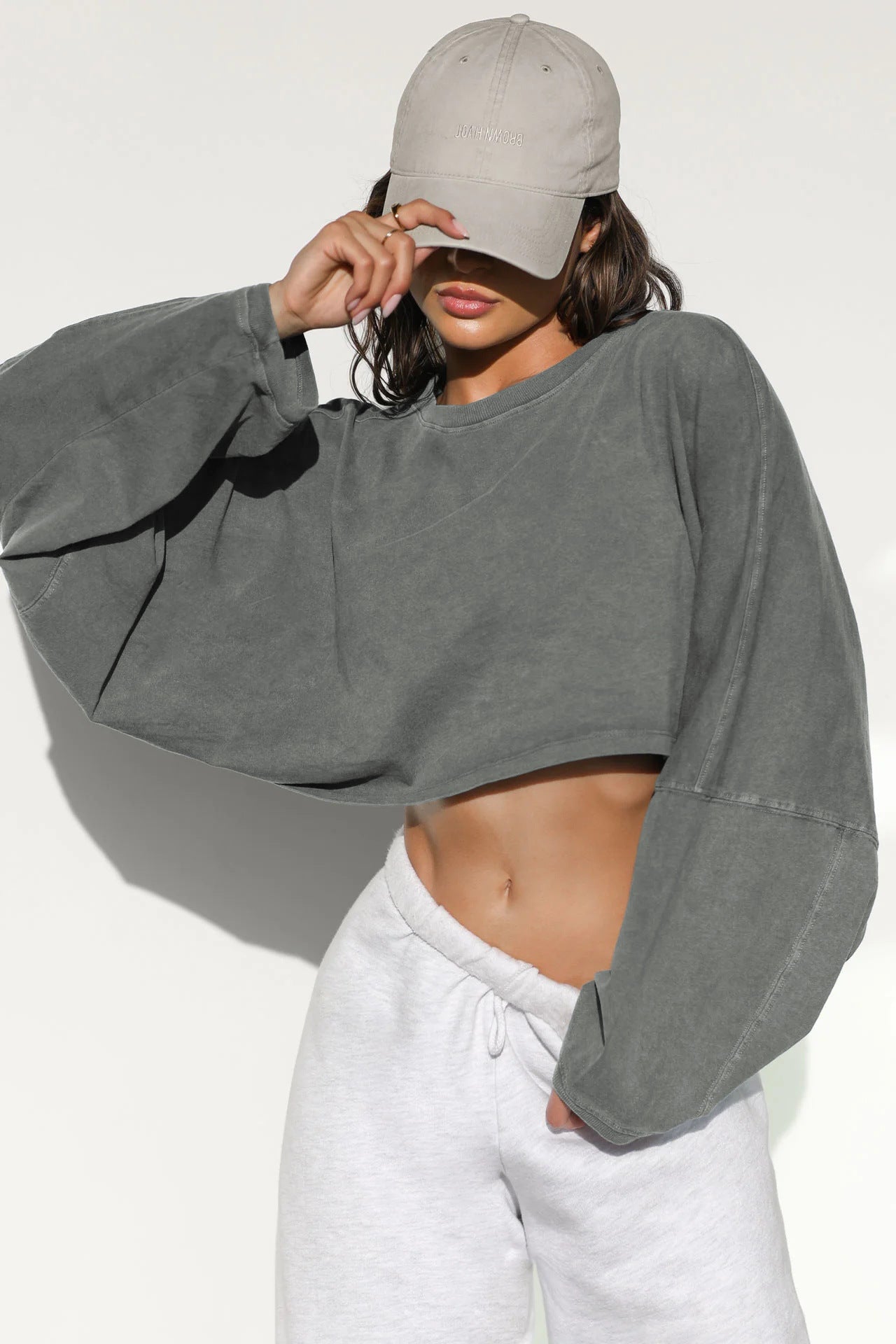 Navel-exposed round-neck sweatshirt European and American women's short sports bottoming shirt T-shirt sweater long-sleeved top