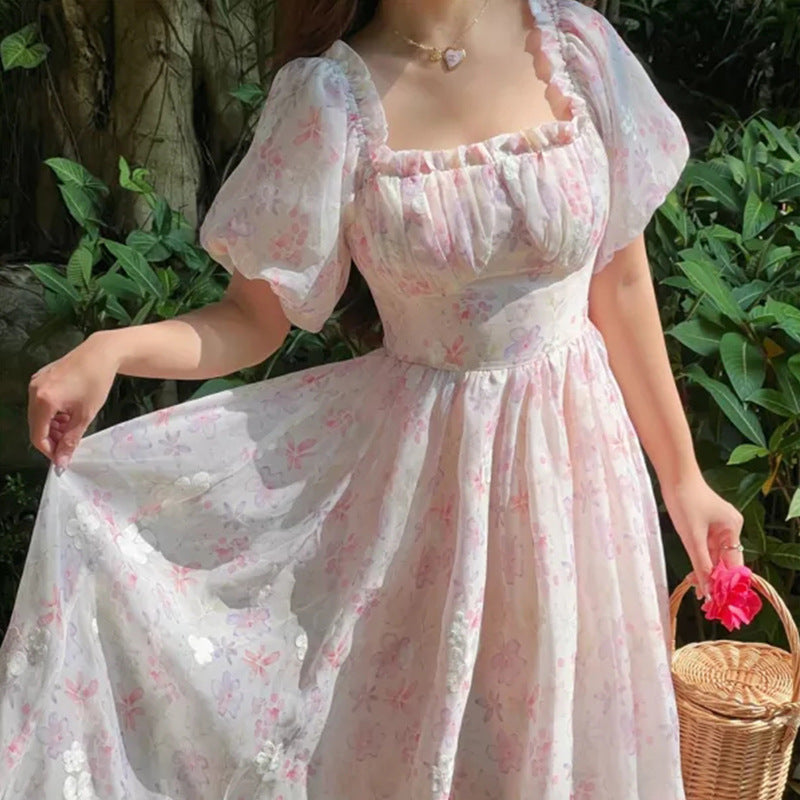 Spring and Summer French Retro Floral Dress Embroidered Rectangular Neck Dress