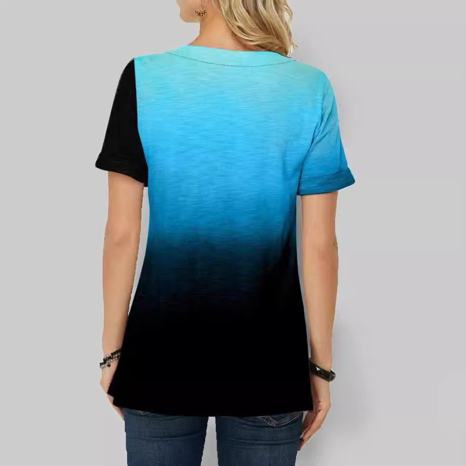 Women's printed tie-dye gradient contrast color round neck button short sleeves