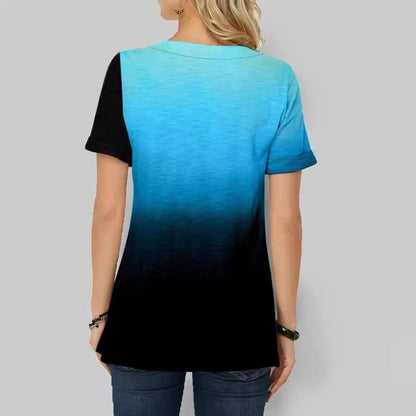 Women's printed tie-dye gradient contrast color round neck button short sleeves