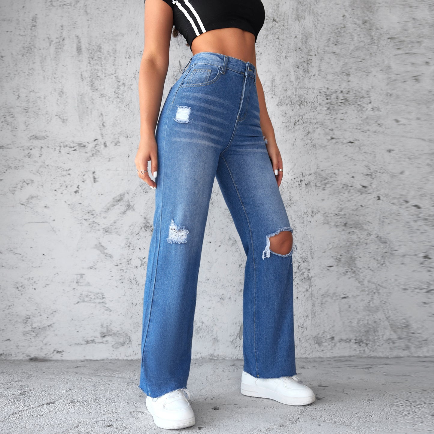 Women's straight jeans washed ripped non-elastic wide-leg trousers
