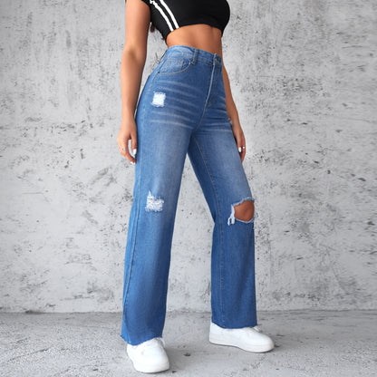 Women's straight jeans washed ripped non-elastic wide-leg trousers
