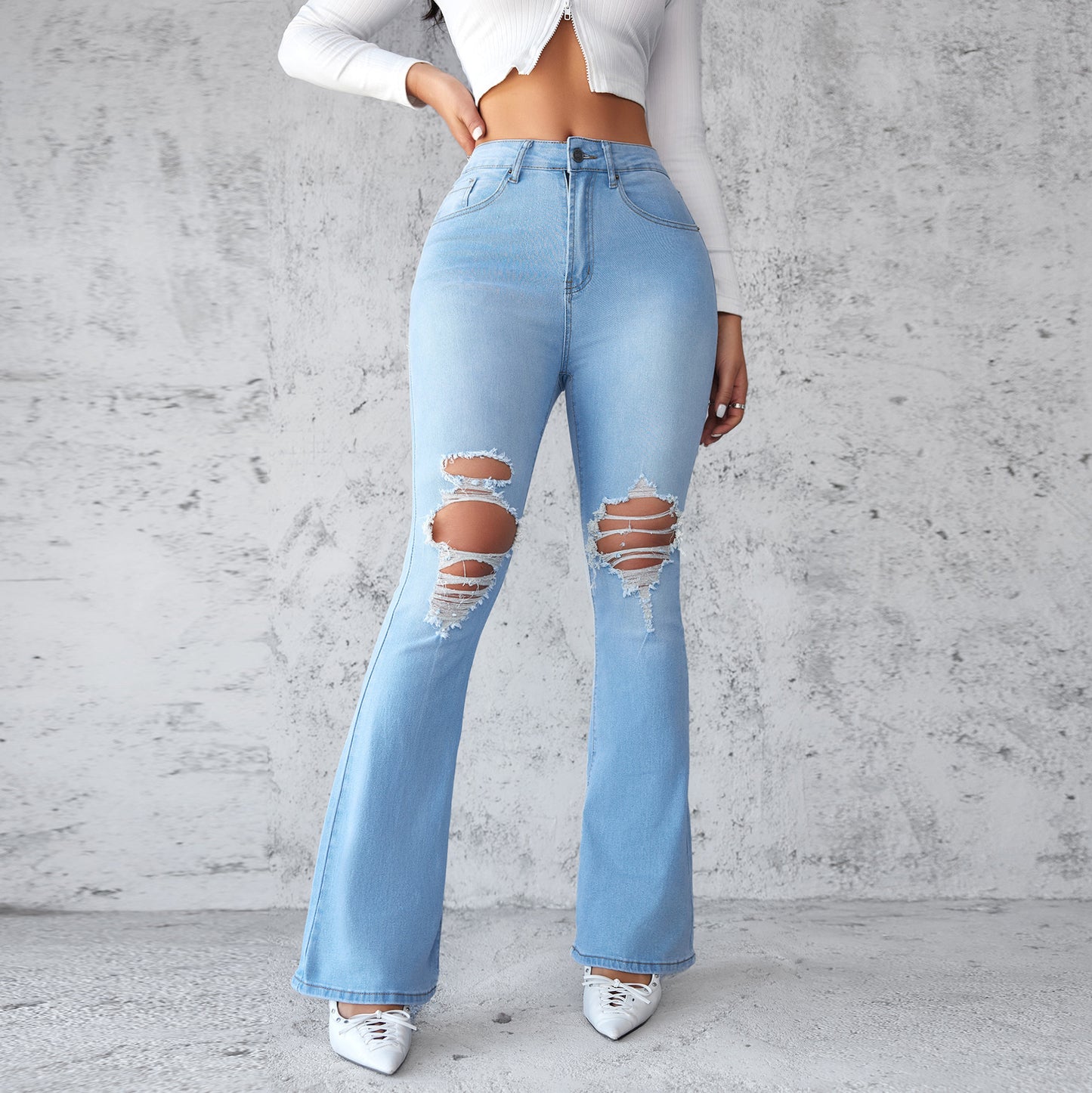Ripped jeans for women, elegant commuting, leg-lengthening flared pants