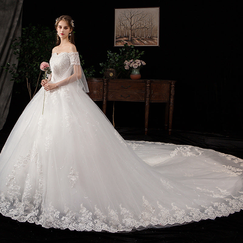 Dream wedding dress 2024 new bride one shoulder large size lace luxury long tail shining