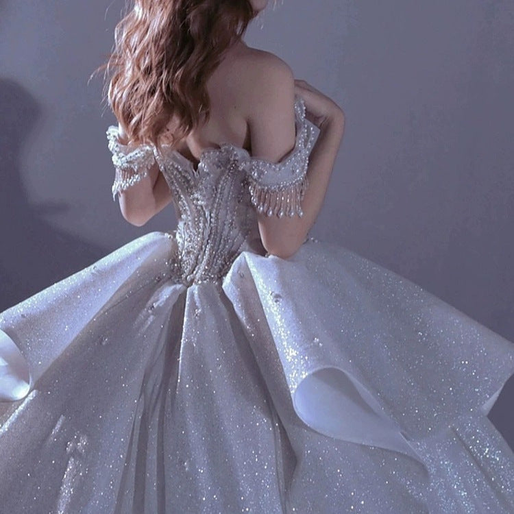One shoulder starry sky wedding dress female bride main yarn heavy work luxury palace style