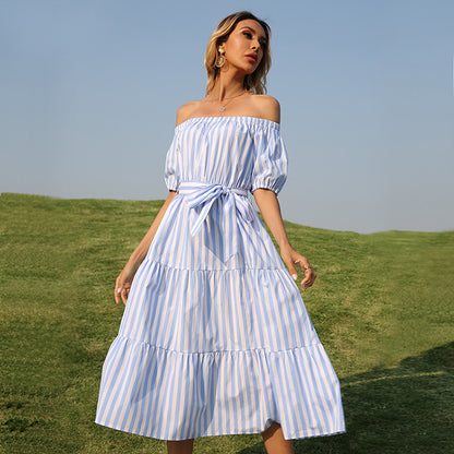 New fashion sexy striped off-shoulder sweet style belt elastic sleeve knee-length dress