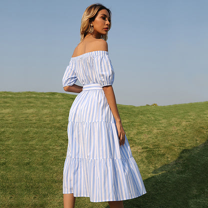 New fashion sexy striped off-shoulder sweet style belt elastic sleeve knee-length dress