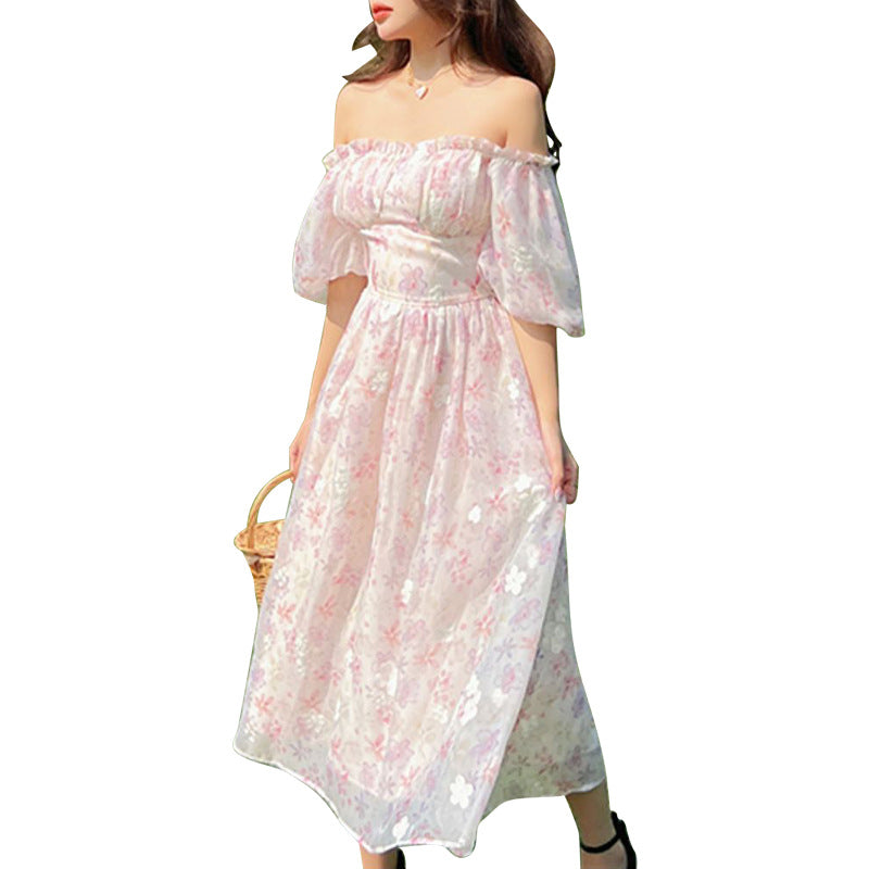 Spring and Summer French Retro Floral Dress Embroidered Rectangular Neck Dress