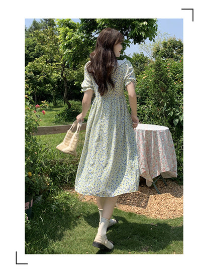 New French Gentle Style Skirt High Waist Fitting Floral Puff Sleeve Skirt