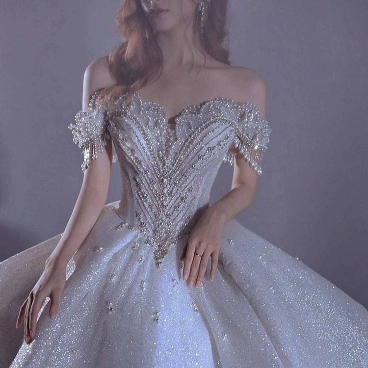 One shoulder starry sky wedding dress female bride main yarn heavy work luxury palace style