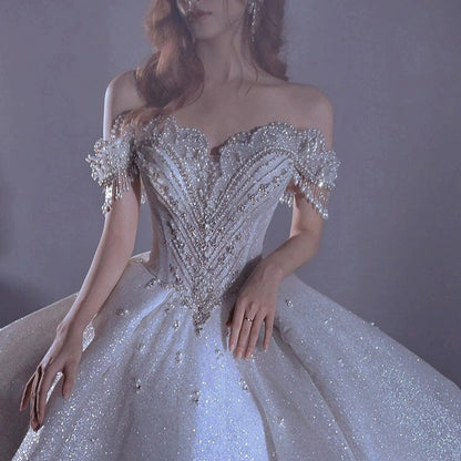 One shoulder starry sky wedding dress female bride main yarn heavy work luxury palace style