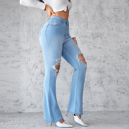 Ripped jeans for women, elegant commuting, leg-lengthening flared pants