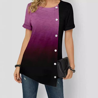 Women's printed tie-dye gradient contrast color round neck button short sleeves