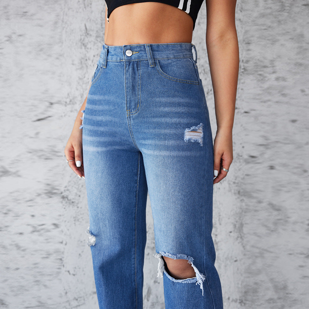 Women's straight jeans washed ripped non-elastic wide-leg trousers