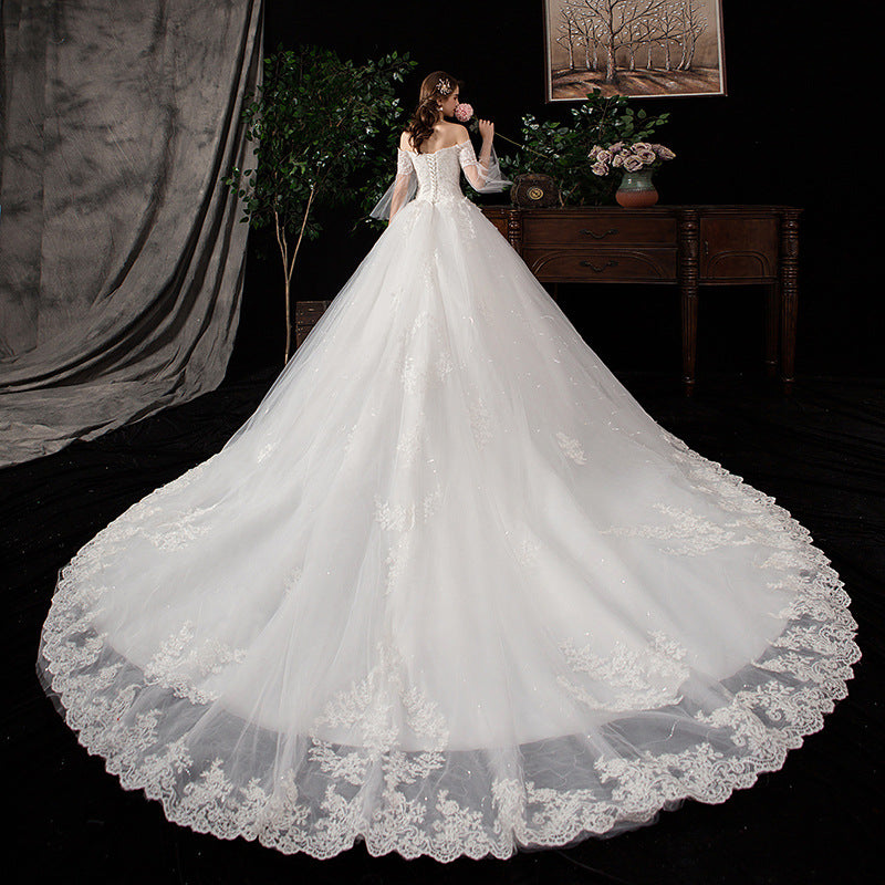 Dream wedding dress 2024 new bride one shoulder large size lace luxury long tail shining