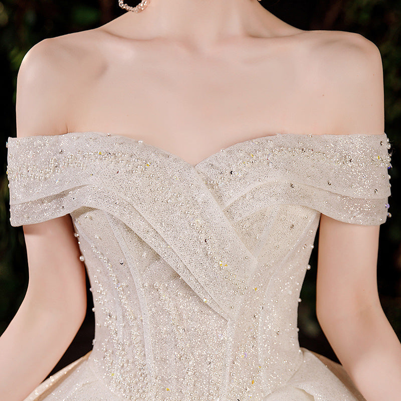French light wedding dress 2024 new bride temperament elegant one shoulder slim slim long tail
