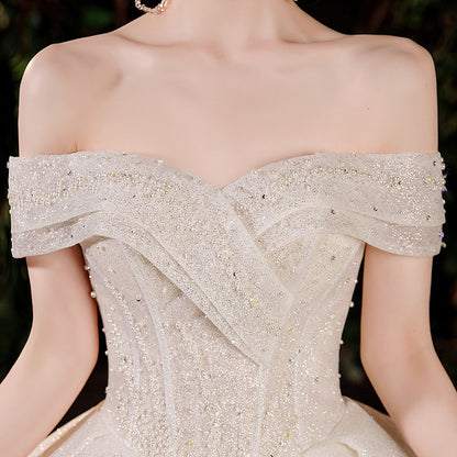 French light wedding dress 2024 new bride temperament elegant one shoulder slim slim long tail
