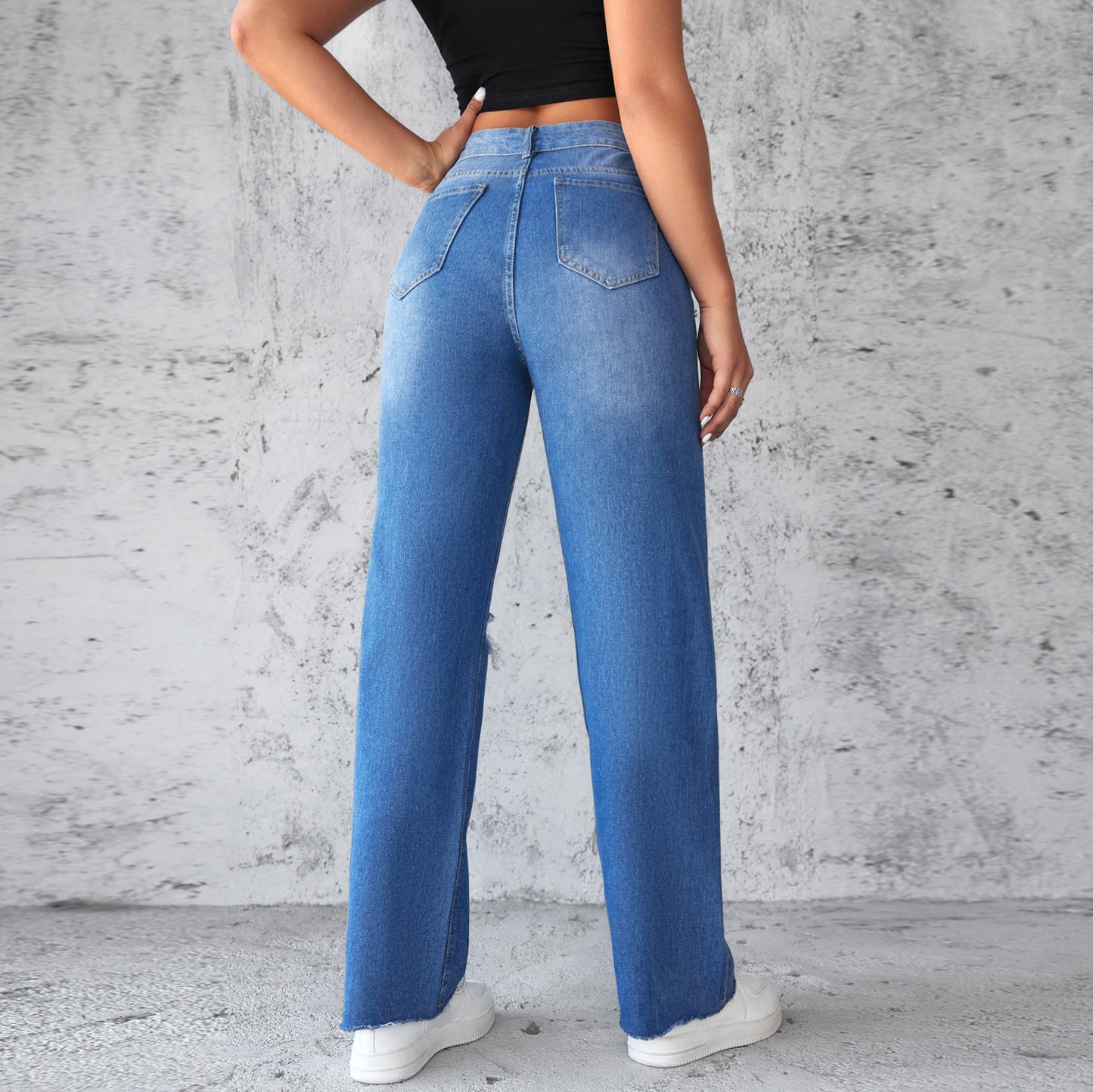 Women's straight jeans washed ripped non-elastic wide-leg trousers