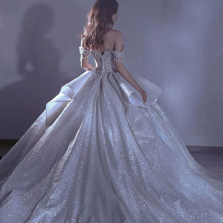 One shoulder starry sky wedding dress female bride main yarn heavy work luxury palace style