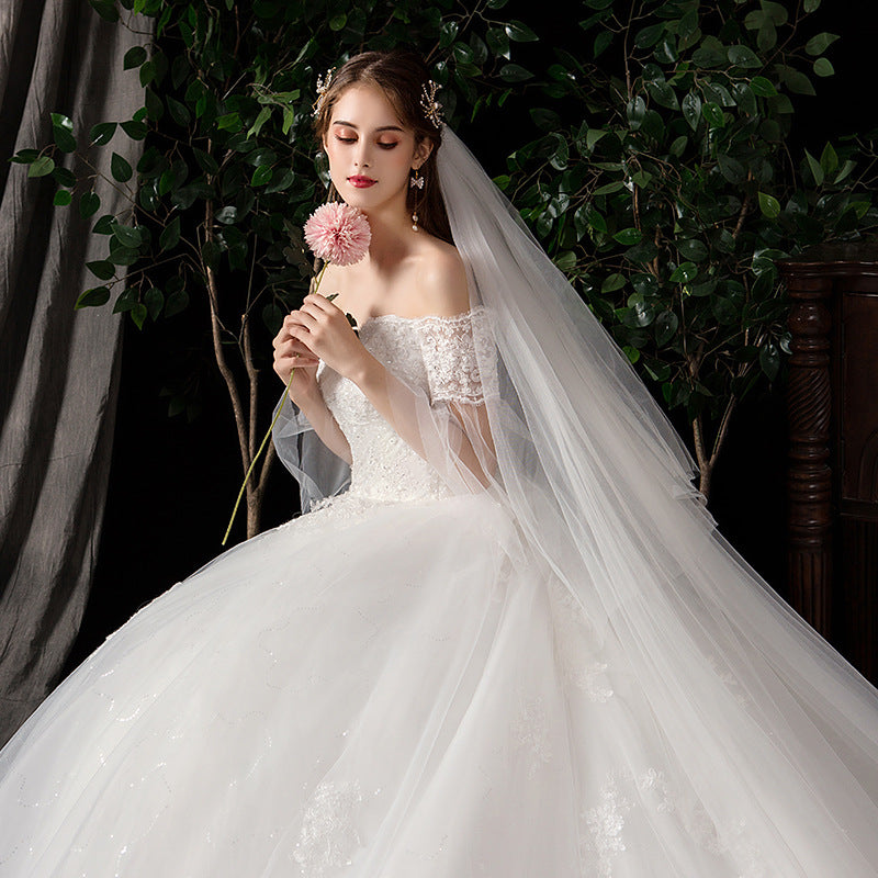 Dream wedding dress 2024 new bride one shoulder large size lace luxury long tail shining