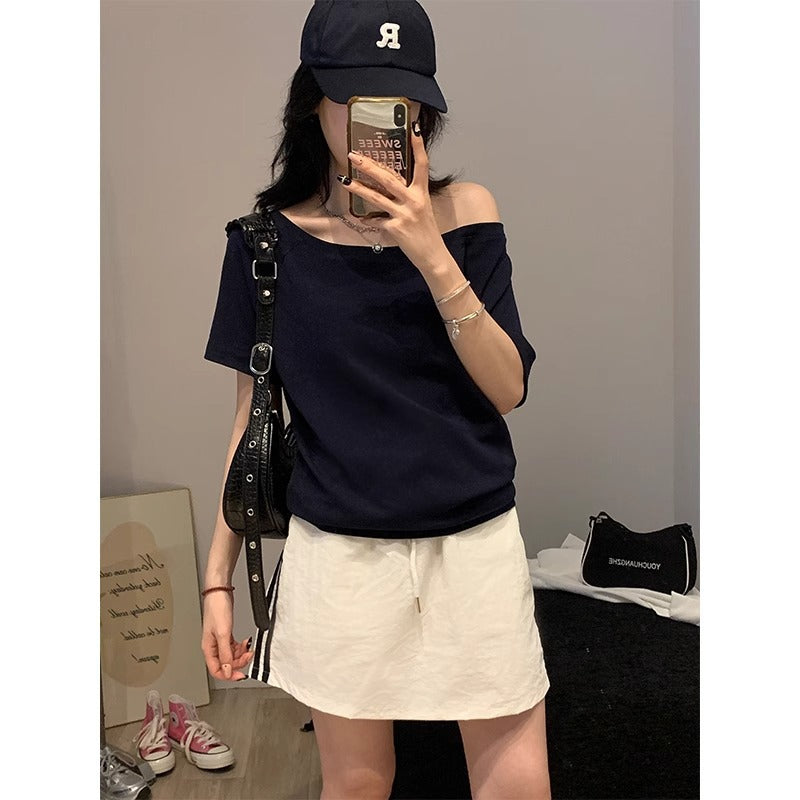 White solid color off-shoulder short-sleeved T-shirt