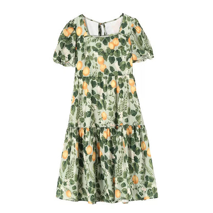 New French Gentle Style Skirt High Waist Fitting Floral Puff Sleeve Skirt