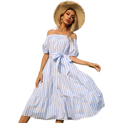 New fashion sexy striped off-shoulder sweet style belt elastic sleeve knee-length dress