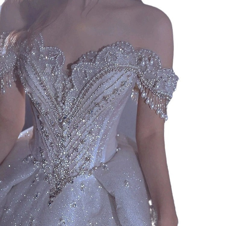 One shoulder starry sky wedding dress female bride main yarn heavy work luxury palace style
