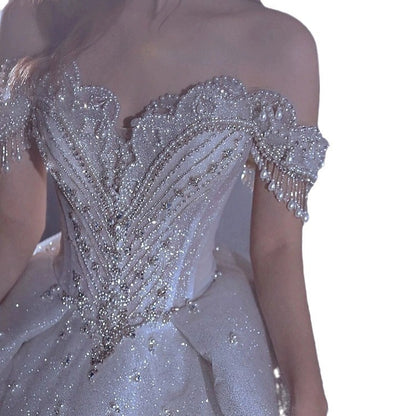 One shoulder starry sky wedding dress female bride main yarn heavy work luxury palace style