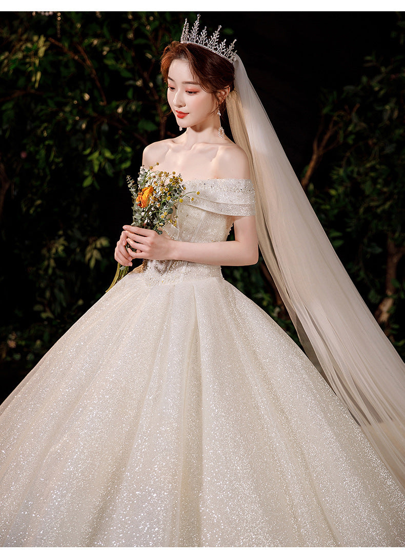 French light wedding dress 2024 new bride temperament elegant one shoulder slim slim long tail