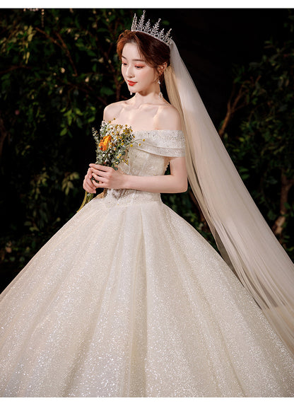 French light wedding dress 2024 new bride temperament elegant one shoulder slim slim long tail
