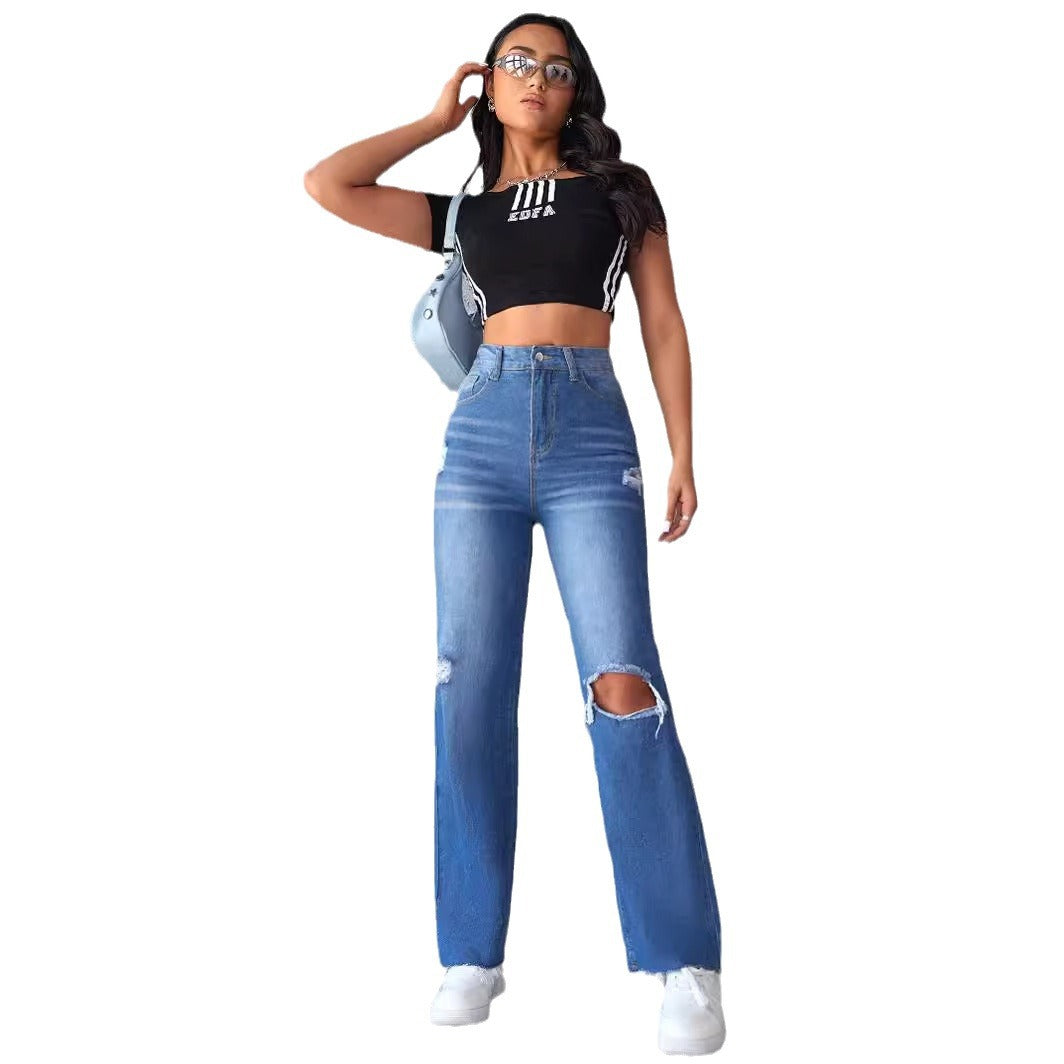 Women's straight jeans washed ripped non-elastic wide-leg trousers